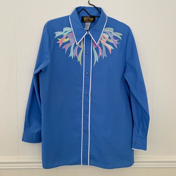 VTG Bob Mackie Wearable Art embroidered blue button down shirt size M - Picture 2 of 7